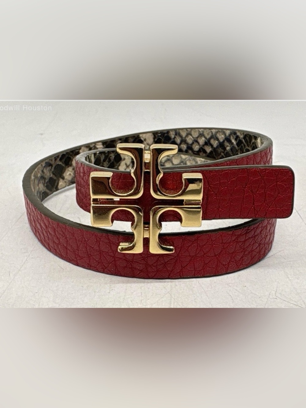 Tory Burch Gold Tone Reversible Red/Snake Skin Logo Charm Bracelet